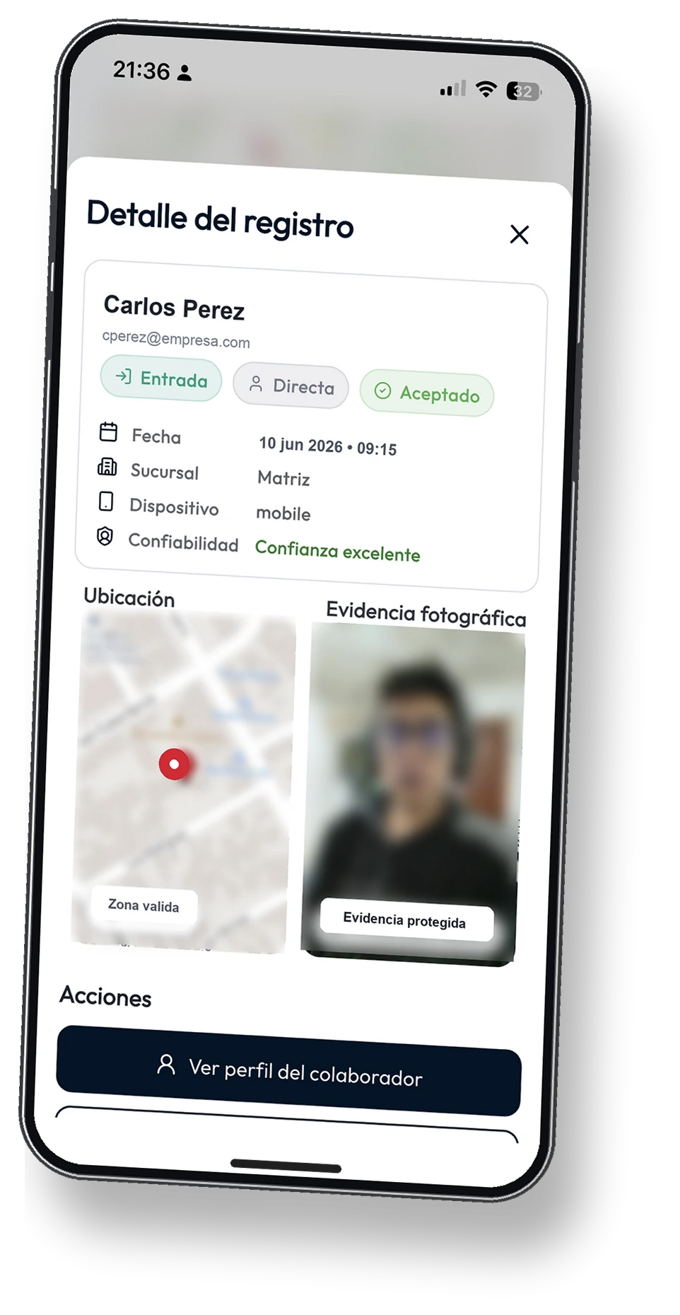 Mockup de celular con detalle de registro y evidencia fotográfica en Access Pro