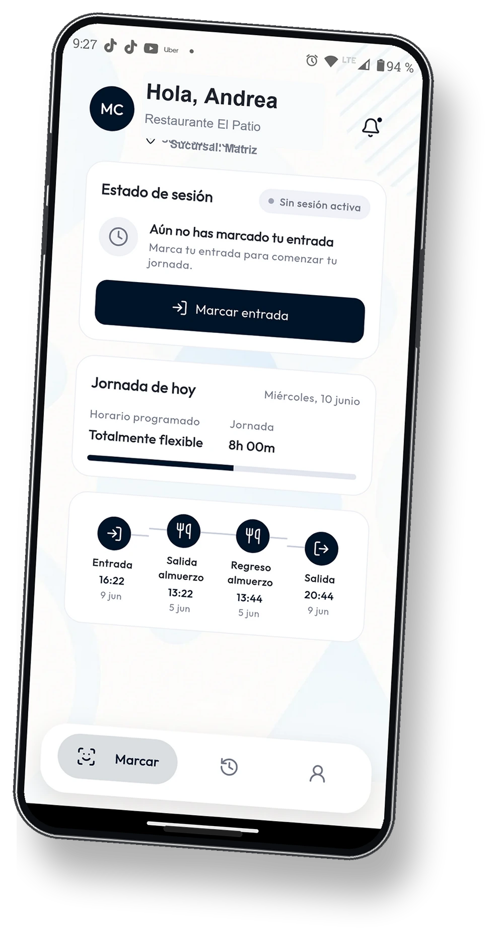 Mockup de celular con pantalla principal del trabajador en Access Pro