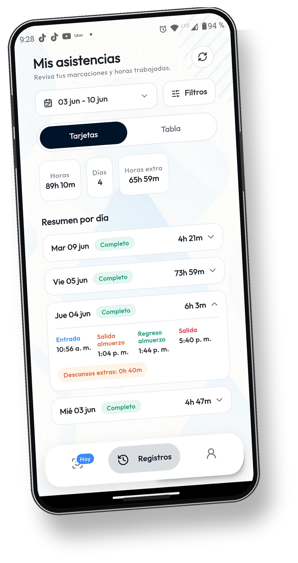 Mockup de celular con registros de asistencia del trabajador en Access Pro