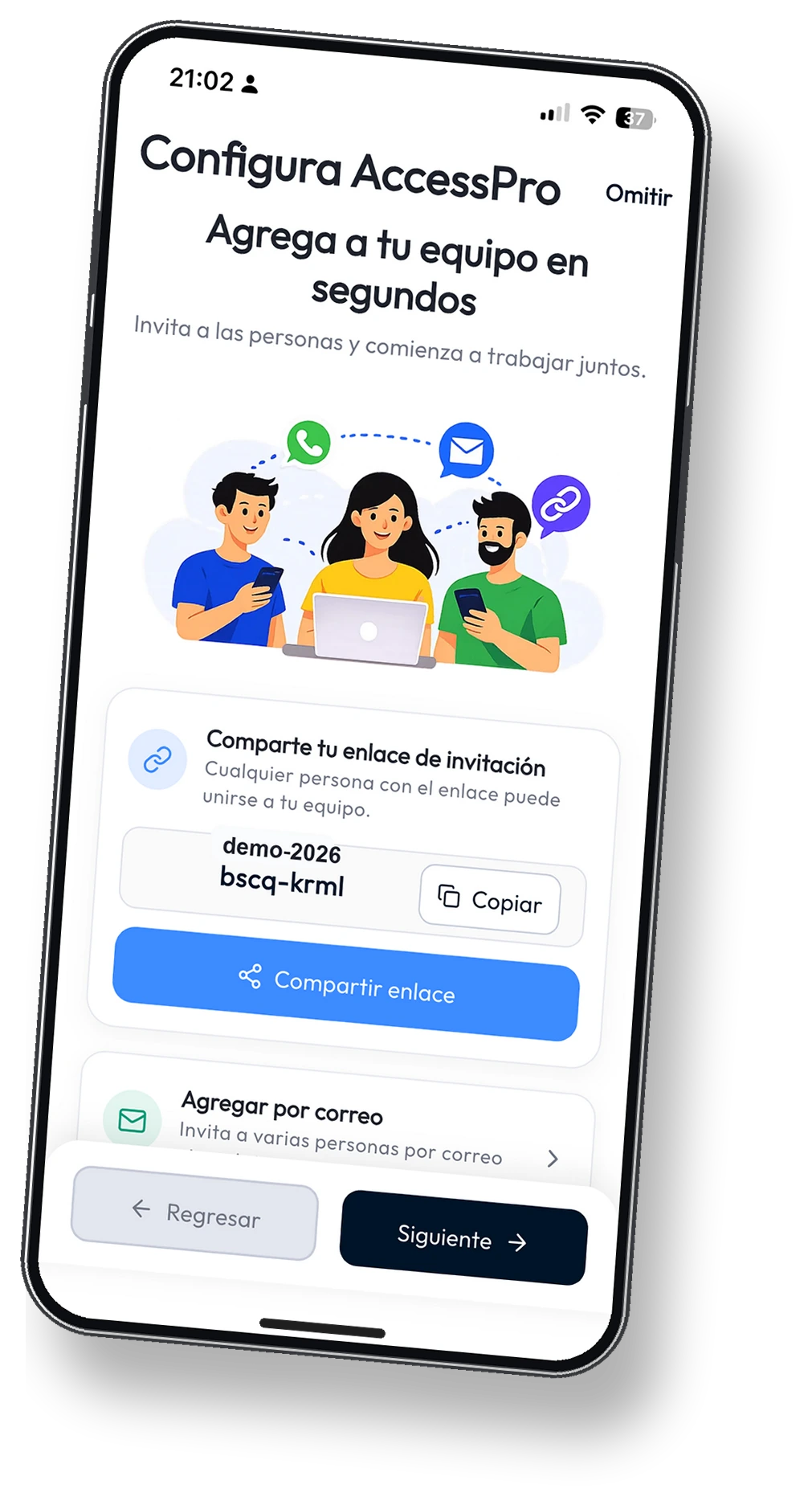 Mockup de iPhone con configuración inicial de equipo en Access Pro