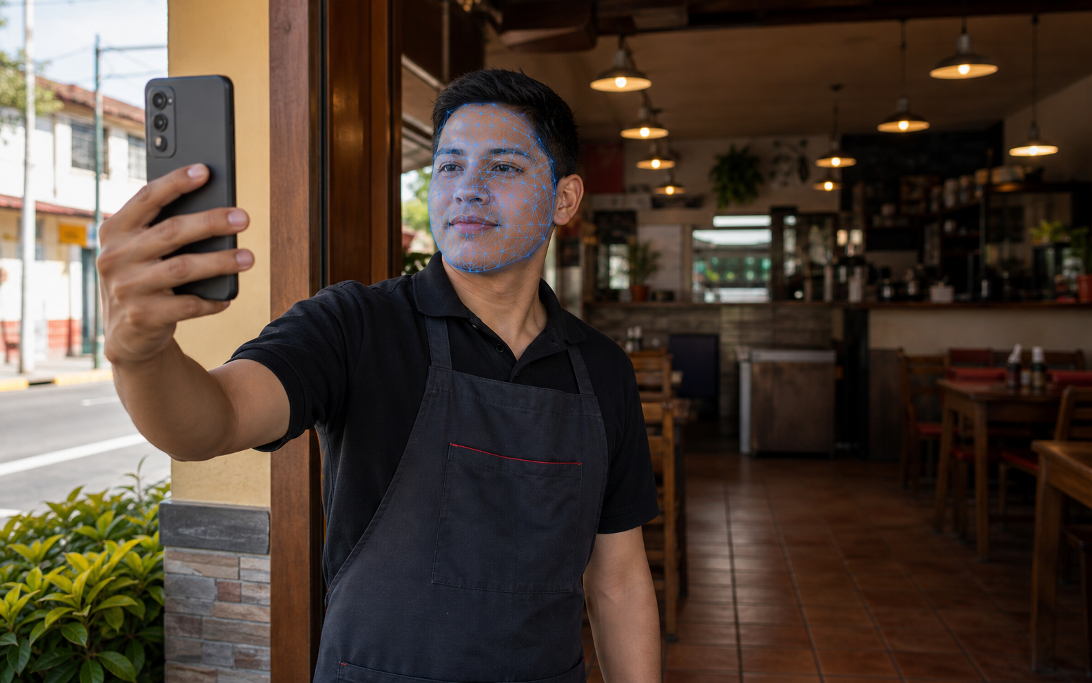 Trabajador de restaurante validando su rostro con un celular Android para marcar asistencia